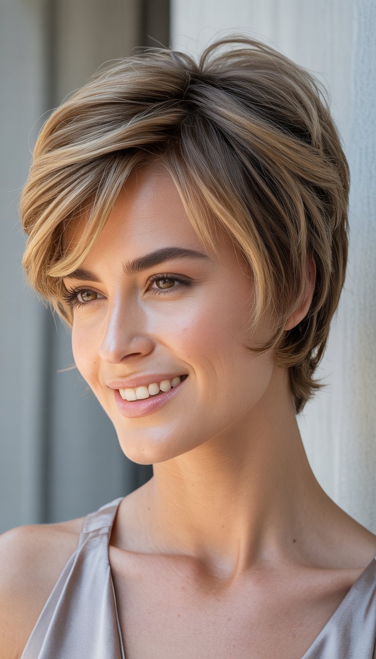 A woman with a short layered haircut smiling softly against a neutral background.