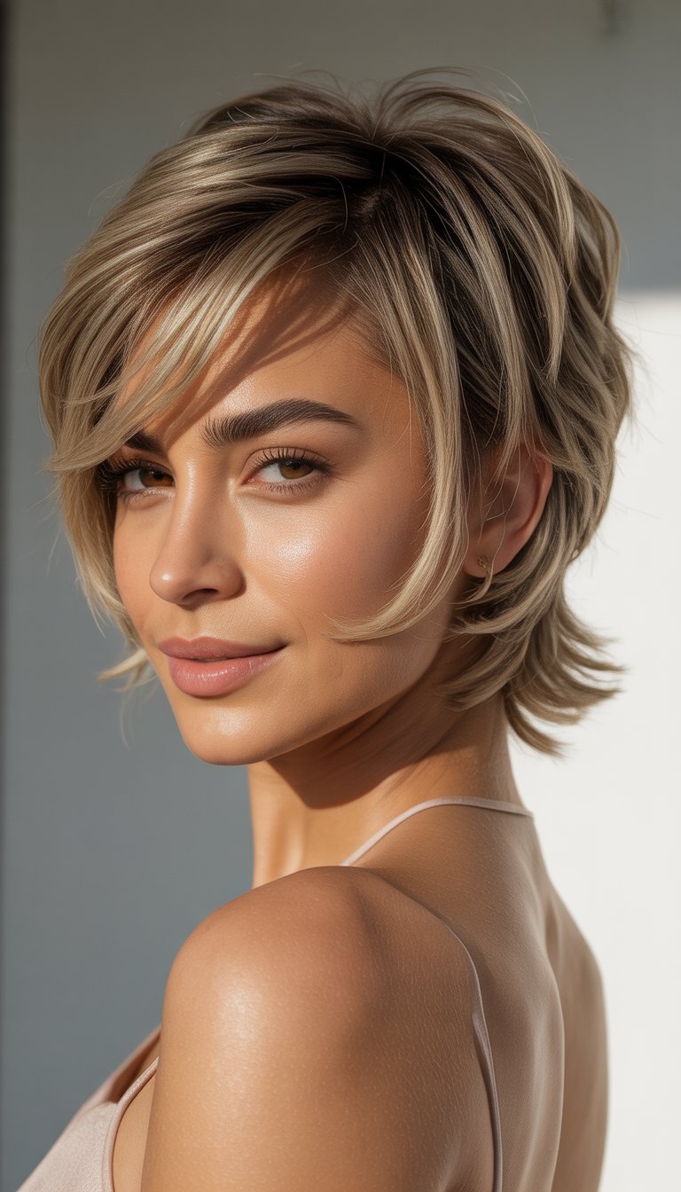 A woman with a short layered haircut and side swept bangs, looking slightly to the side against a plain background.