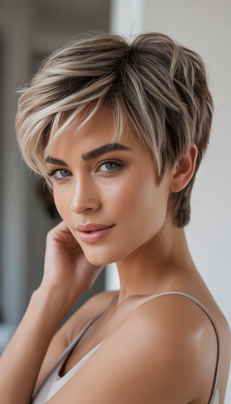 A woman with a short layered haircut posing against a plain background.