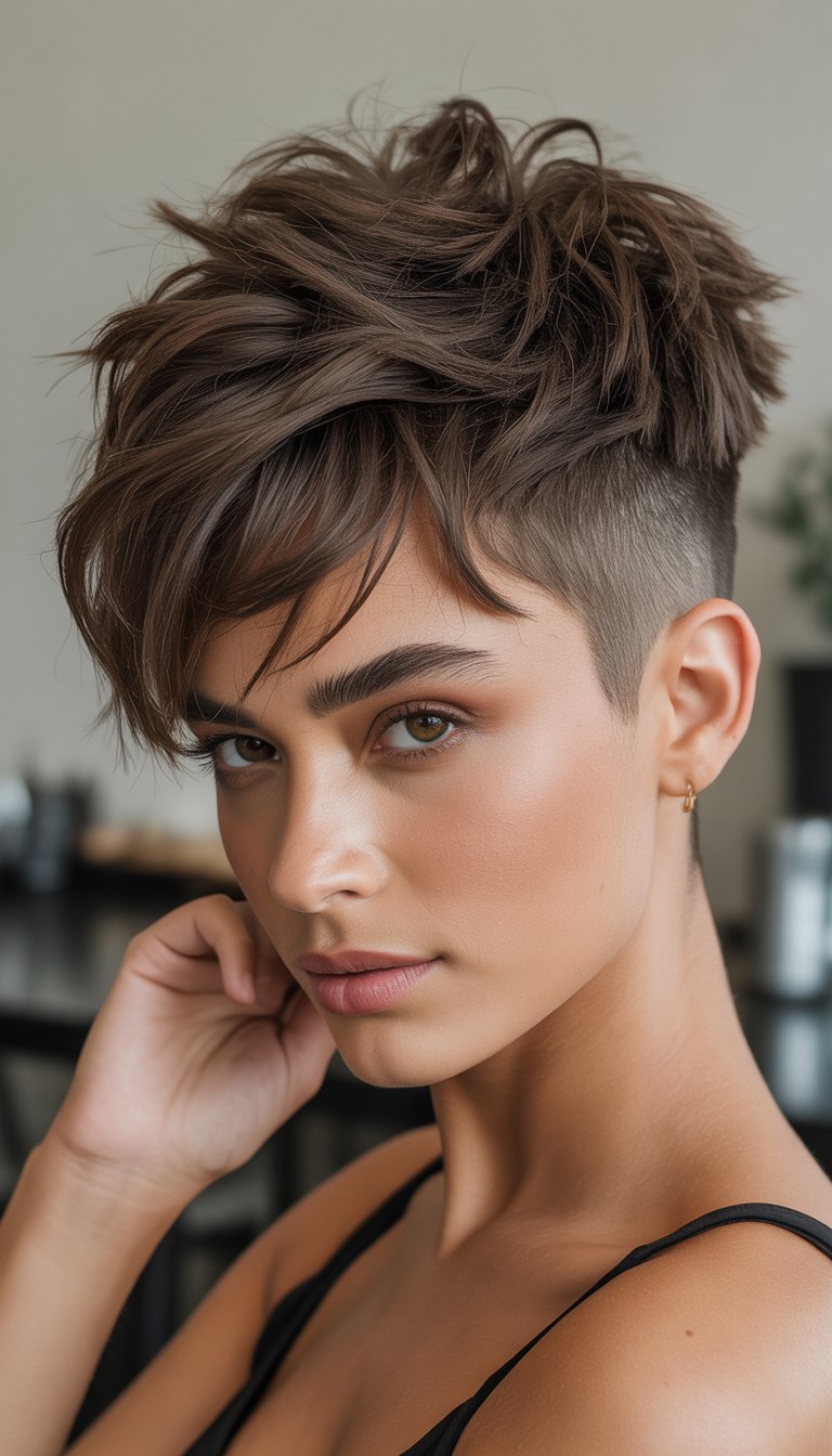 A young woman with a short messy haircut featuring an undercut and layered textured hair, posing against a plain background.
