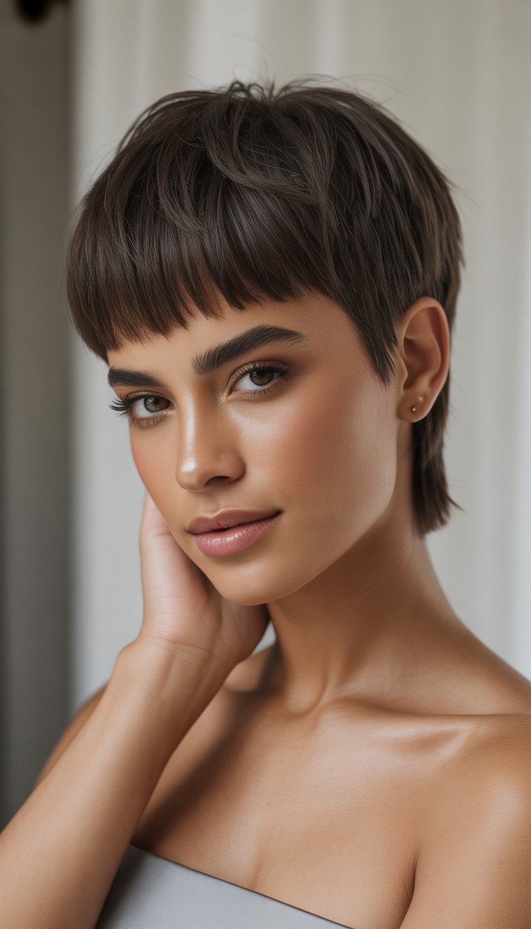 Young woman with short layered haircut and blunt bangs posing against a neutral background.