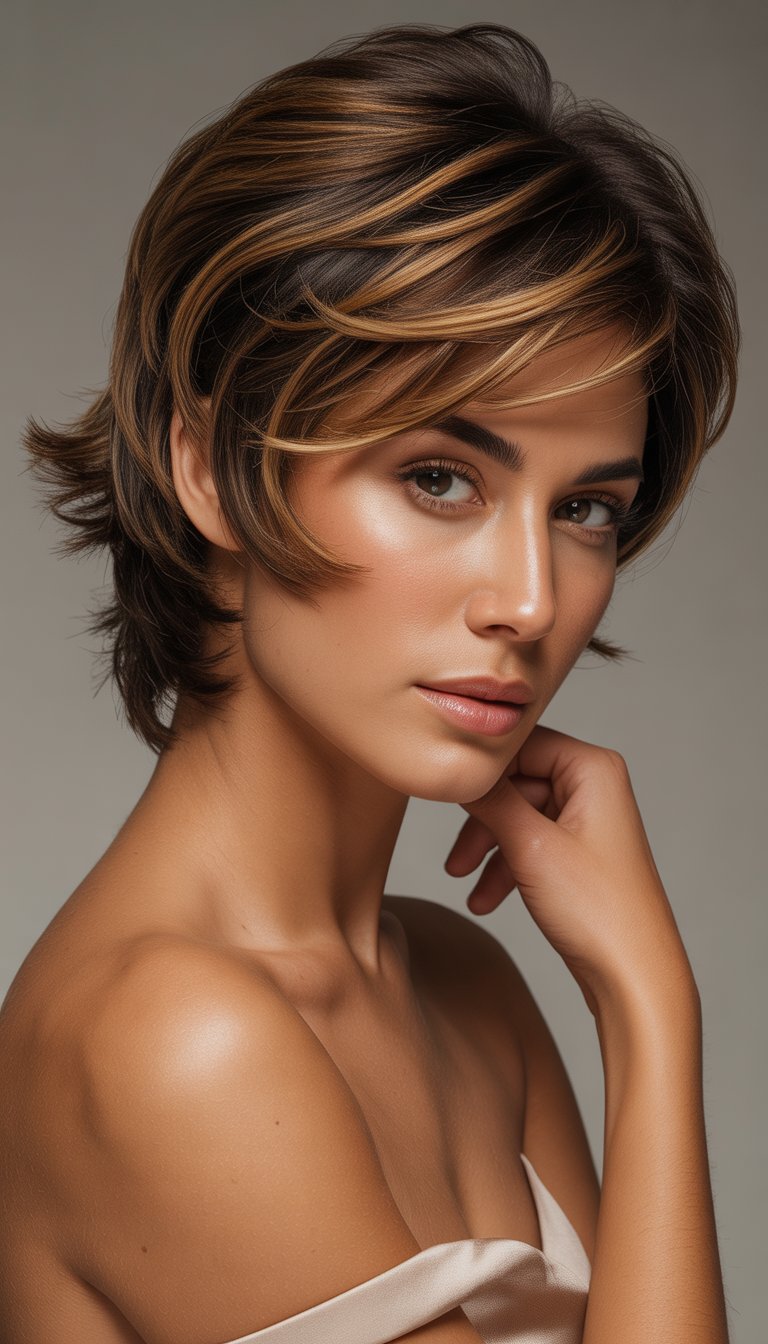 A woman with a short layered hairstyle and caramel highlights looking confidently into the camera against a plain background.