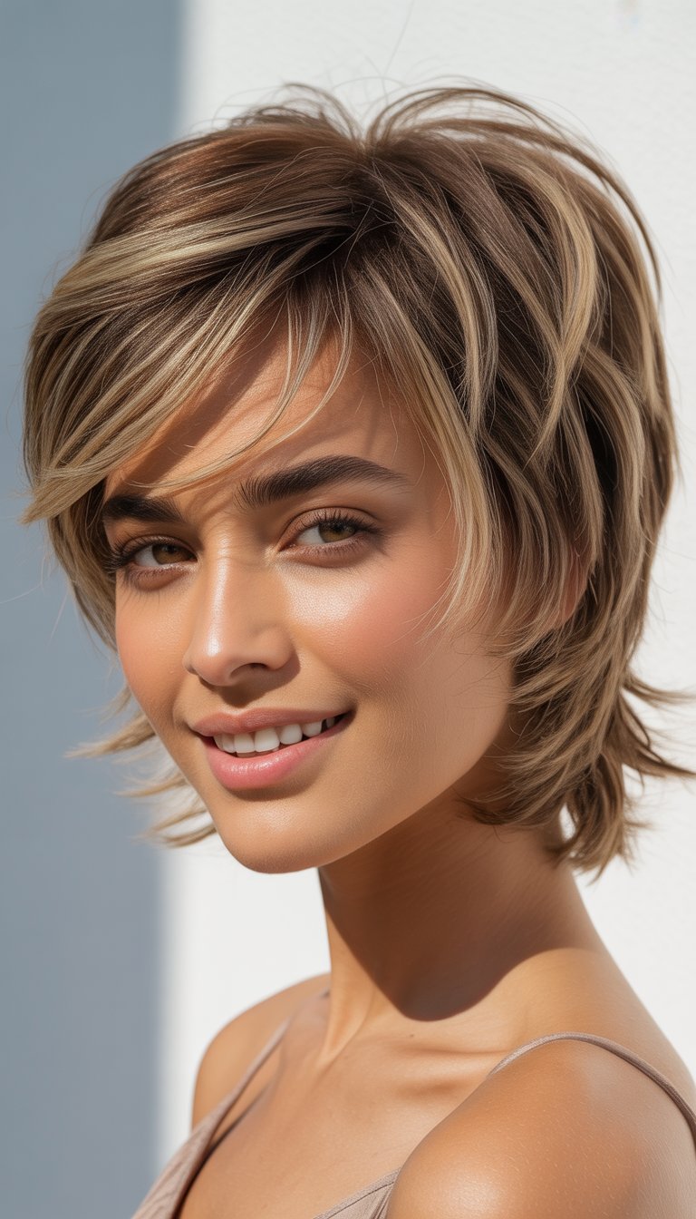 A young woman with a short, layered tousled hairstyle looking confidently at the camera against a plain background.