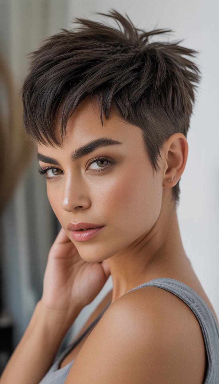 Young woman with short textured layered haircut posing against a neutral background.