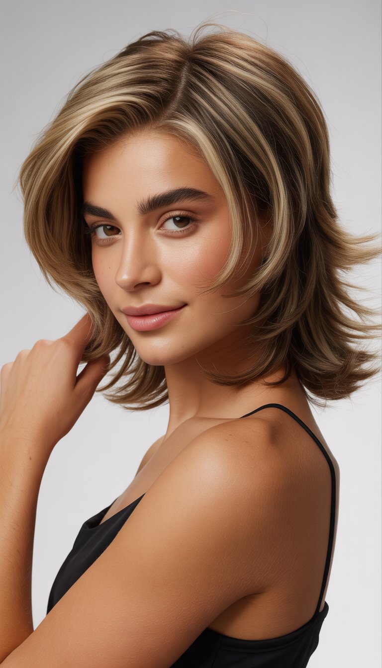 A young woman with medium-length layered hair posing against a neutral background.