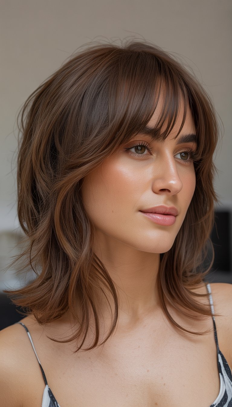 A young woman with layered medium-length hair and curtain bangs, smiling softly against a plain background.