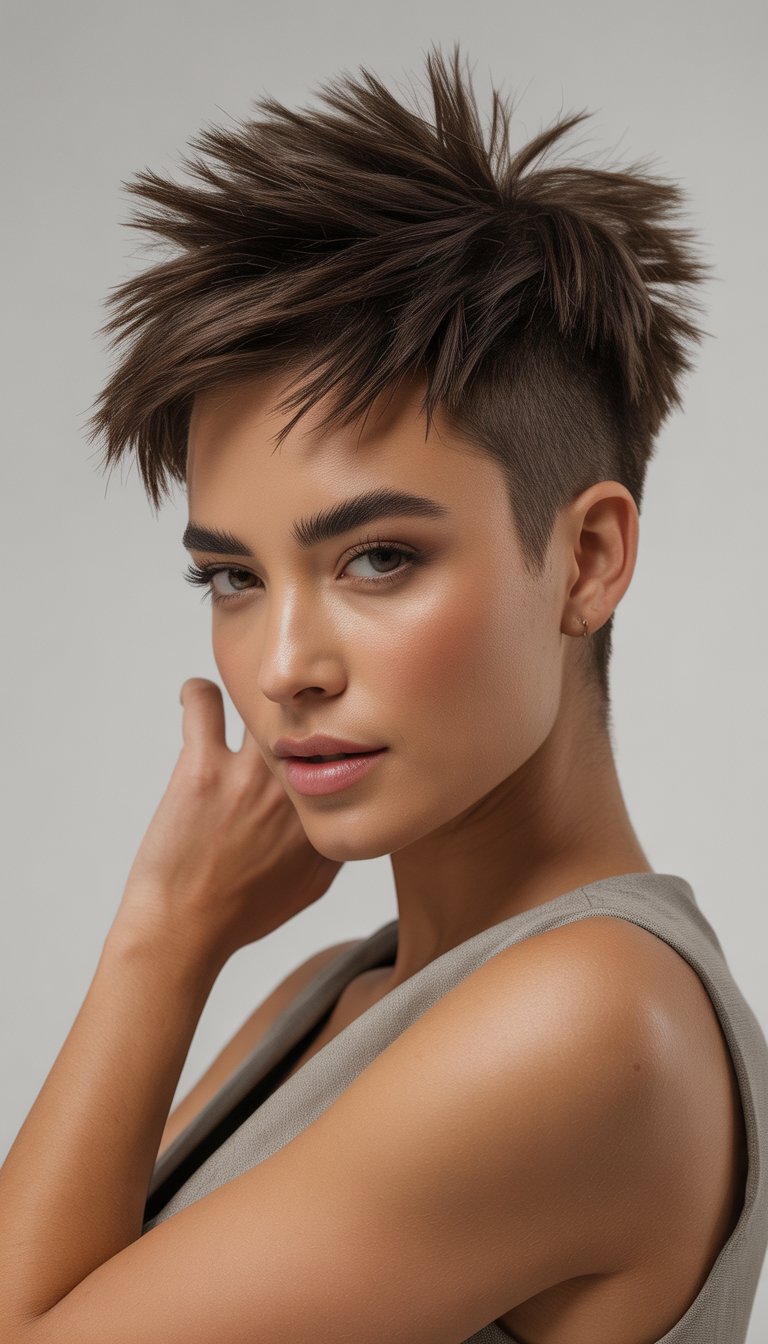 A young woman with a short textured haircut and tapered sides, looking confidently at the camera against a plain background.