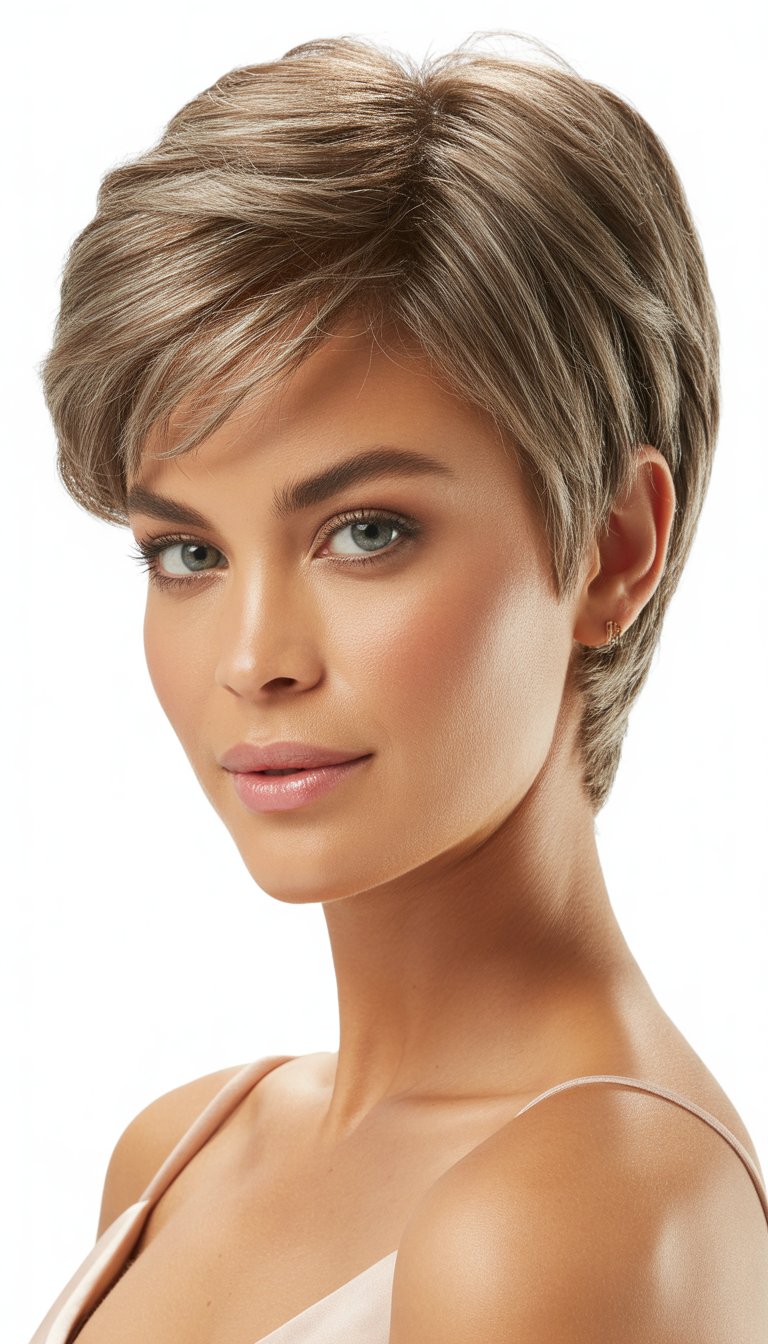 A woman with a short layered pixie haircut posing against a plain background.