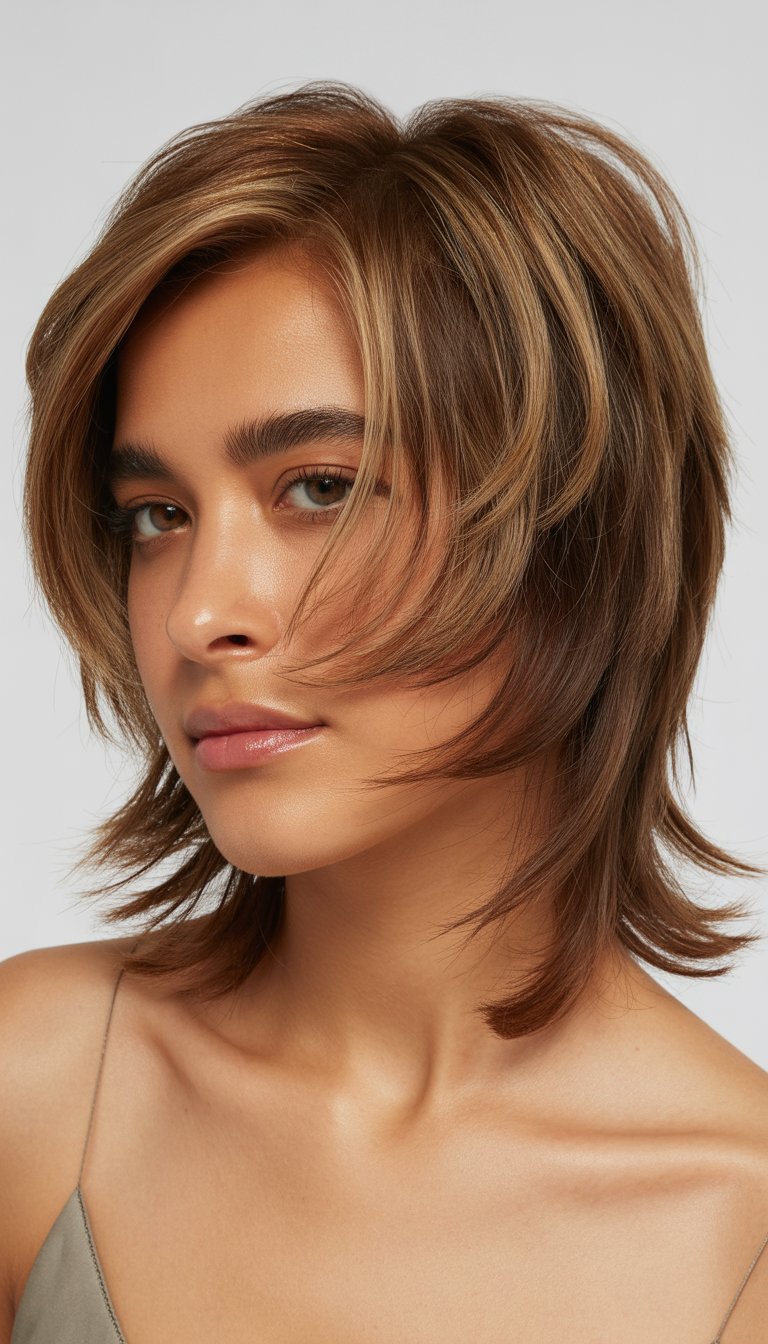 A young woman with medium-length layered hair framing her face, looking confidently at the camera against a plain background.