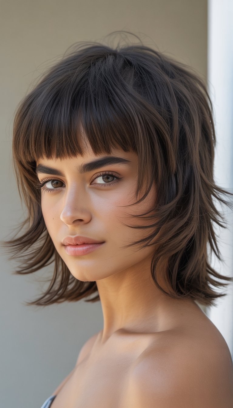 A young woman with layered hair and straight bangs looking confidently at the camera against a plain background.