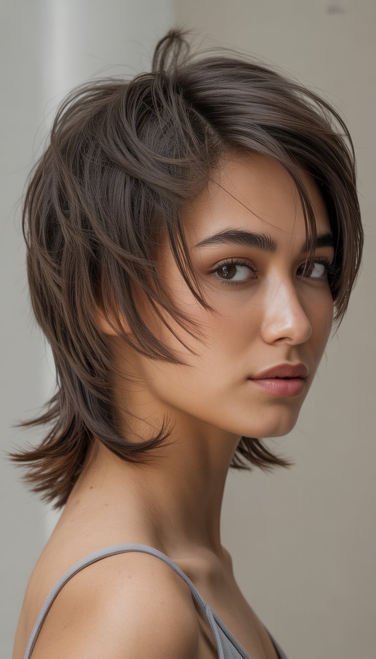 A young woman with layered, textured hair styled in a wolf cut, smiling softly against a plain background.