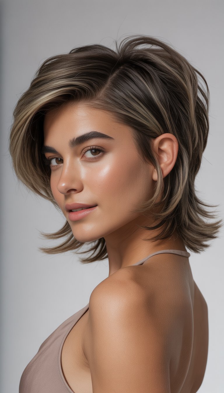 Young woman with layered hair and shaved sides posing against a plain background.