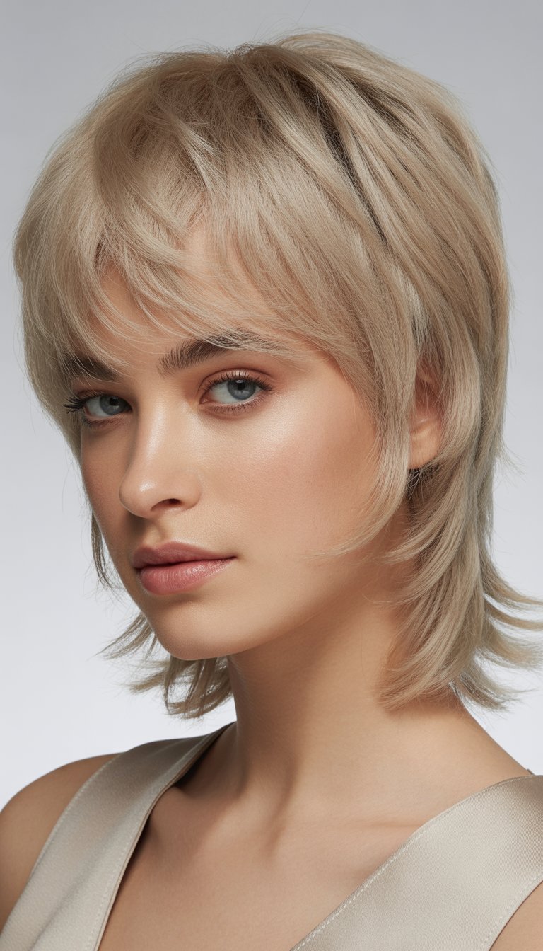 A young woman with ash blonde layered hair styled in a wolf cut, photographed against a neutral background.