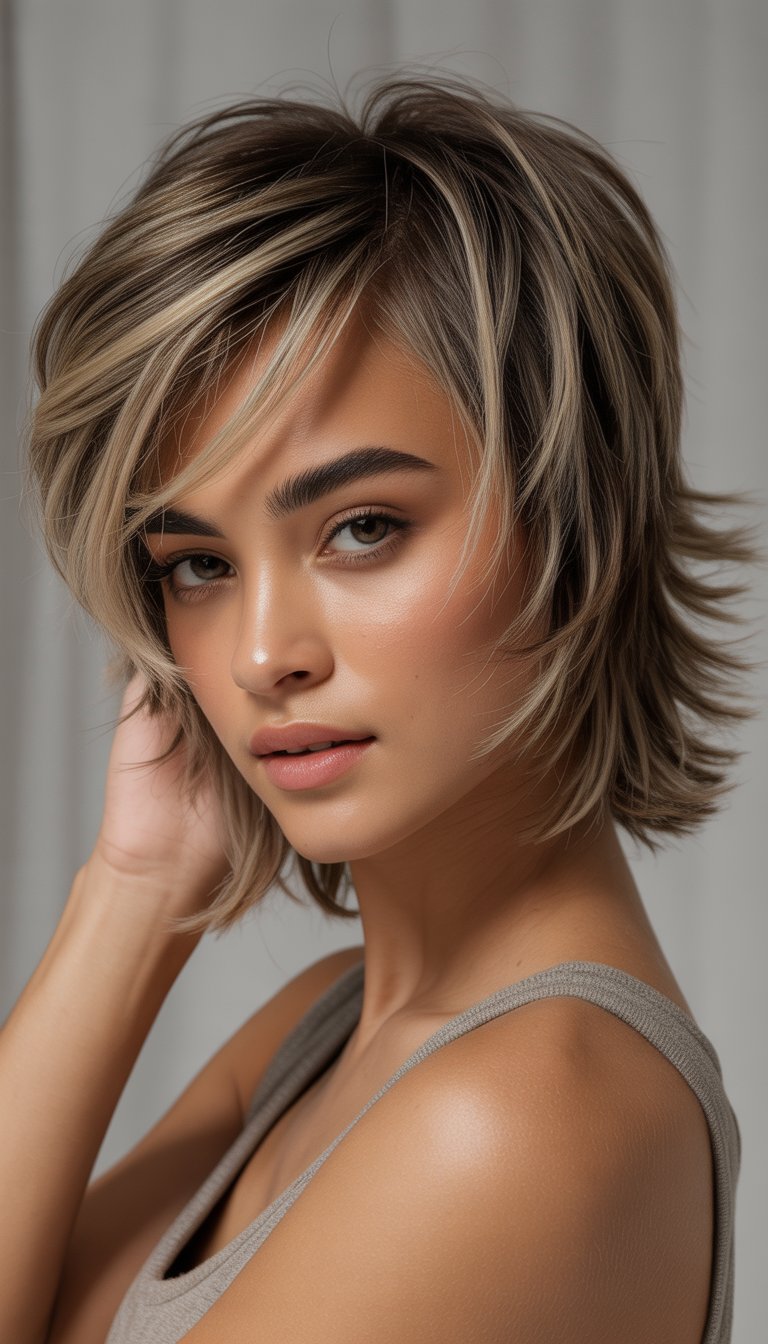 A young woman with layered, shaggy hair and highlights looking confidently at the camera against a plain background.