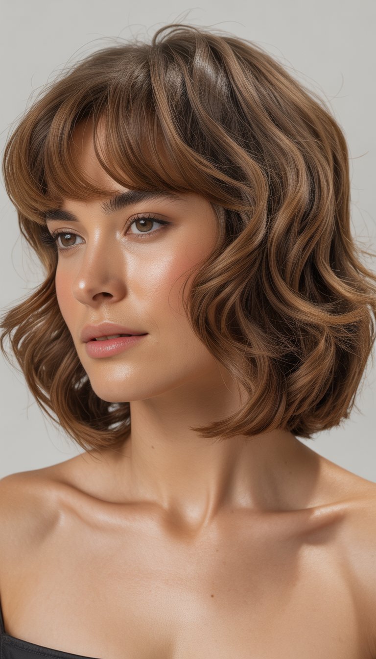 Portrait of a woman with wavy hair and bangs looking confidently at the camera.