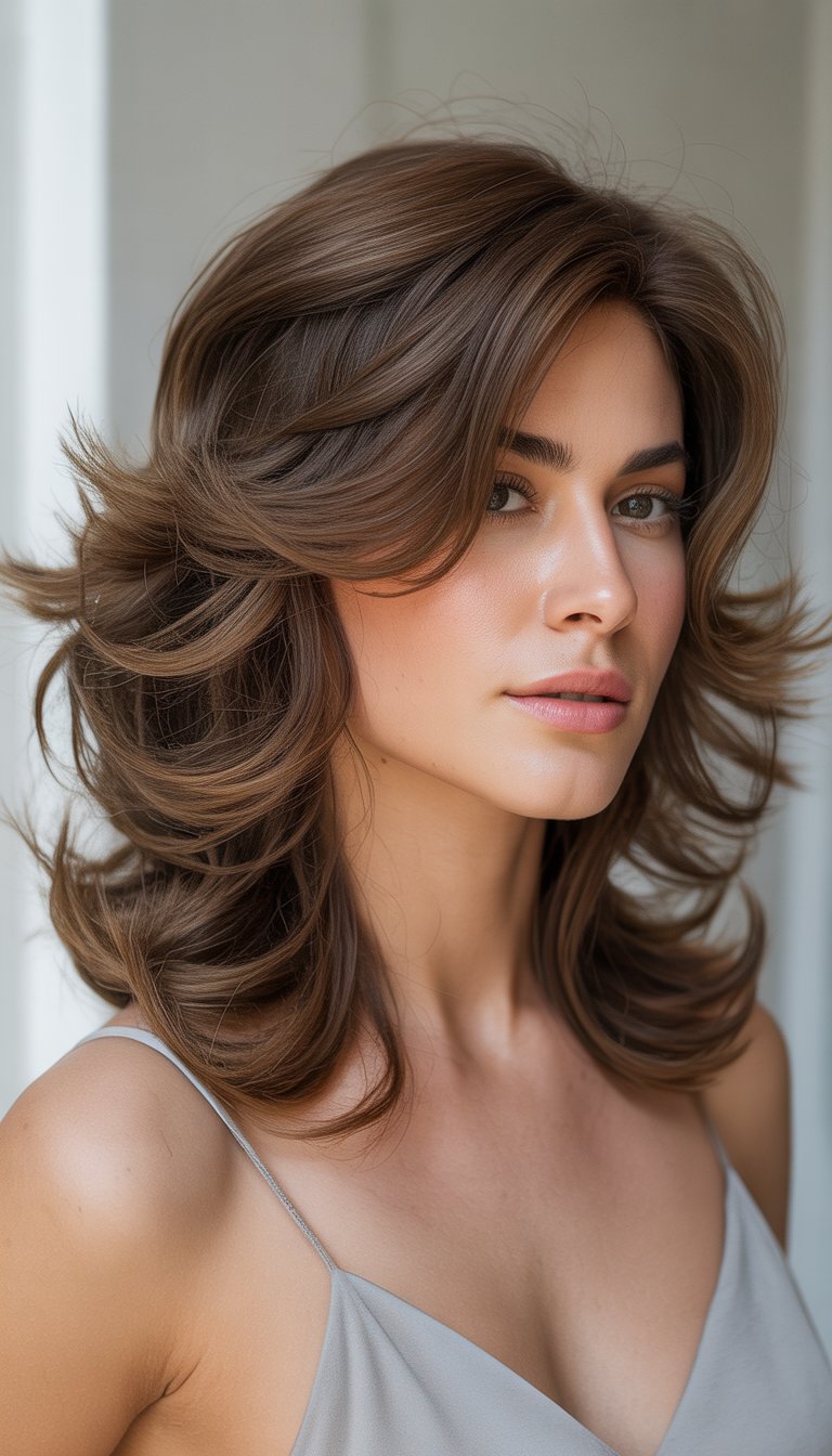 Portrait of a woman with voluminous wavy layered hair against a neutral background.