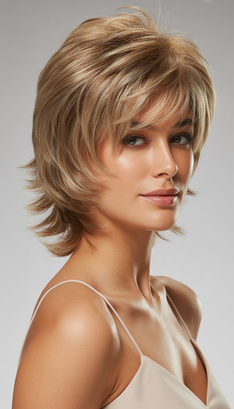 Portrait of a woman with a voluminous layered hairstyle, looking slightly to the side against a plain background.