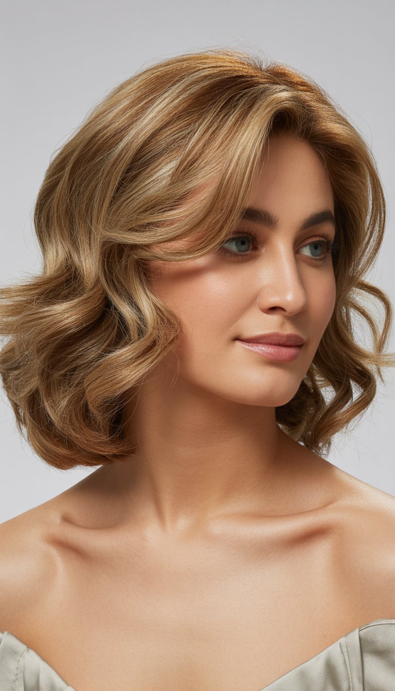 A woman with medium-length wavy hair styled to frame her oval face, looking slightly to the side against a plain background.