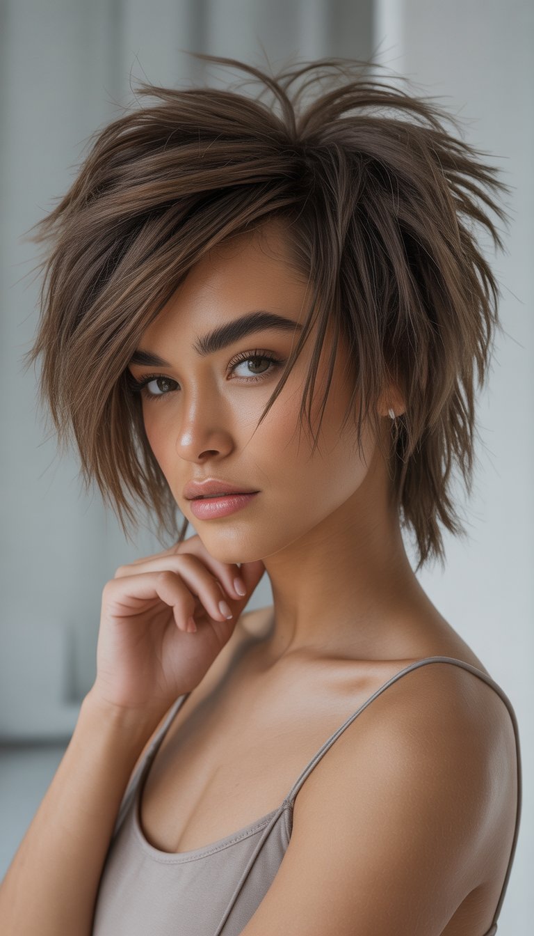 A young woman with a voluminous, layered hairstyle posing against a neutral background.