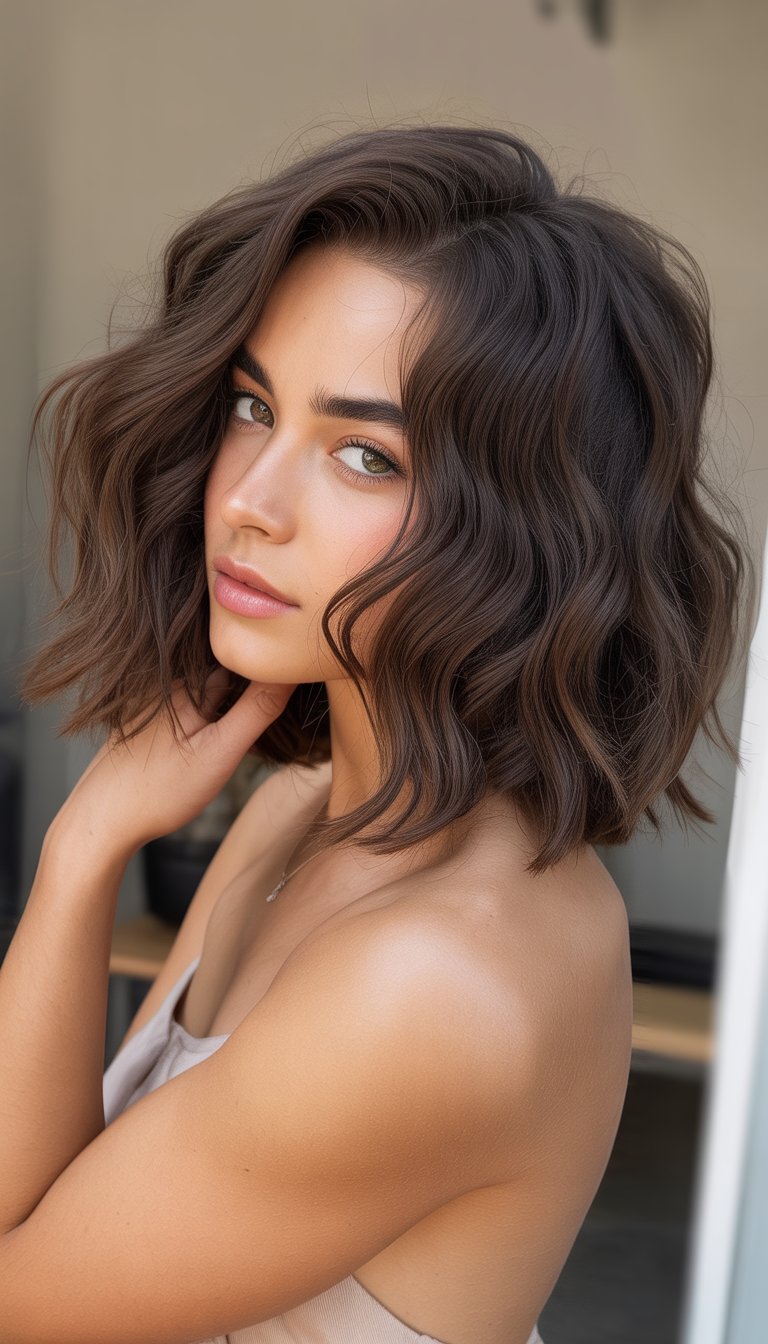 A young woman with medium-length wavy hair styled in a layered cut, looking confidently at the camera against a neutral background.