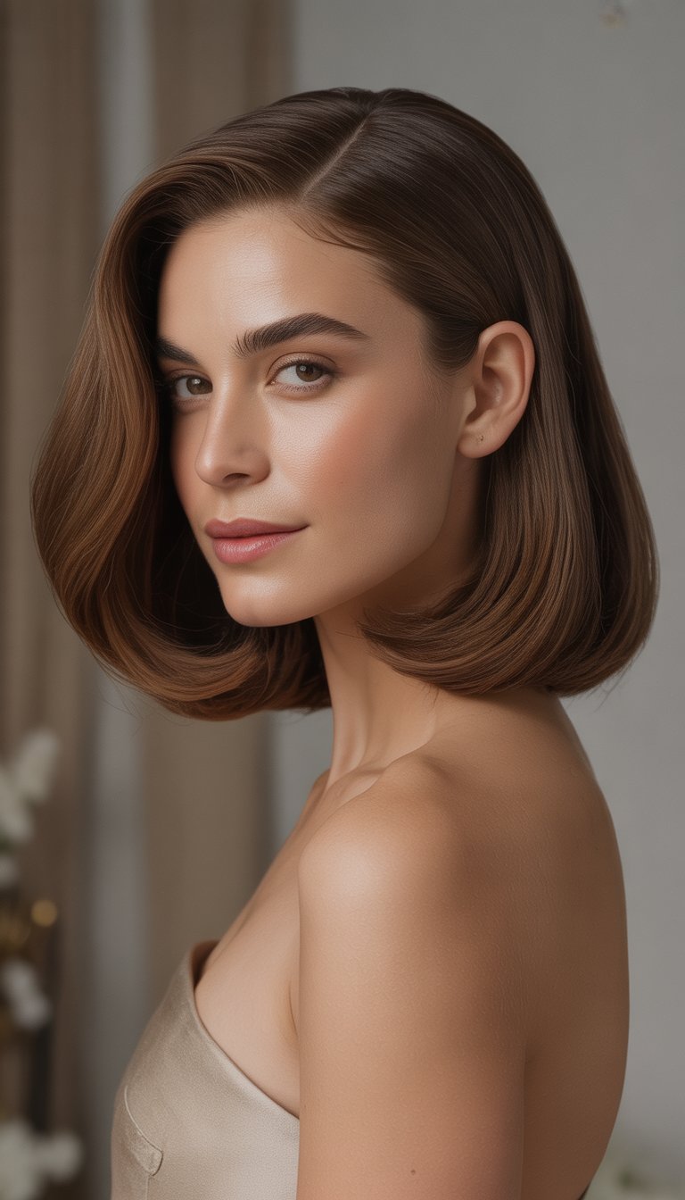A woman with shoulder-length center-parted hair wearing a refined outfit, looking confidently into the camera against a neutral background.