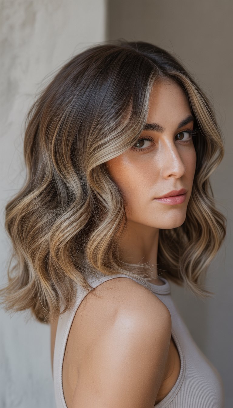 Portrait of a woman with wavy layered hair and subtle highlights against a neutral background.