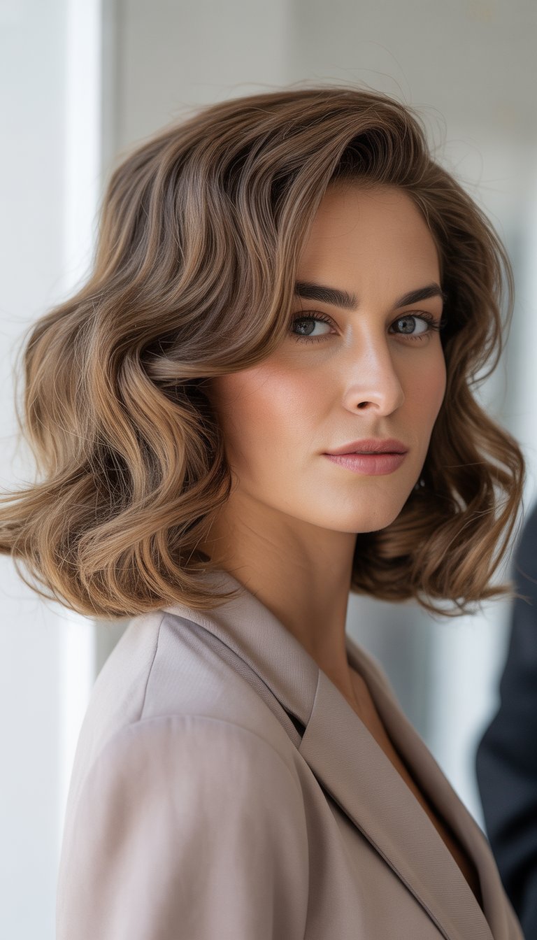 A woman with shoulder-length wavy hair, wearing a tailored blouse, posing against a simple background.