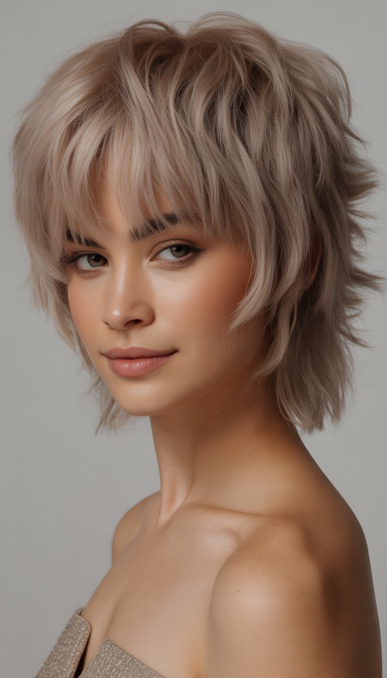 Portrait of a young woman with a fluffy layered hairstyle and blunt bangs against a neutral background.