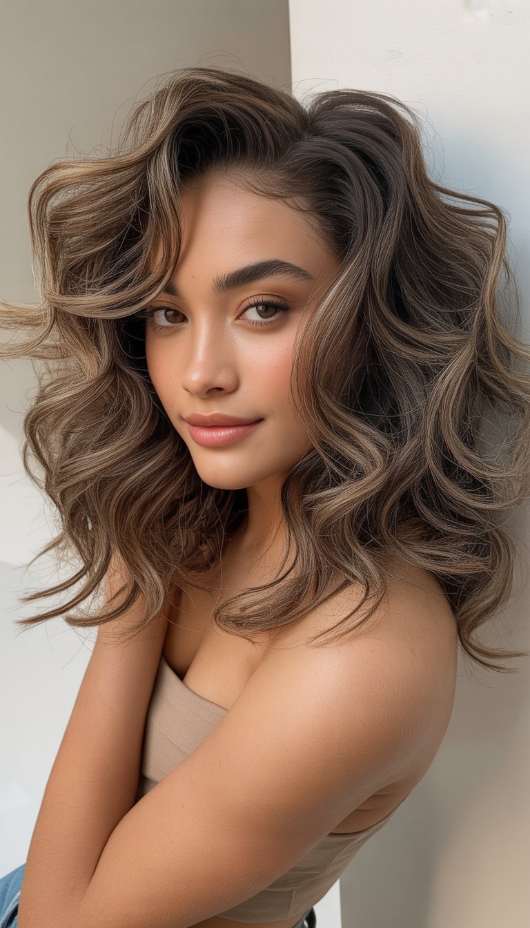 A young woman with thick wavy hair styled in layered curls, smiling against a plain background.