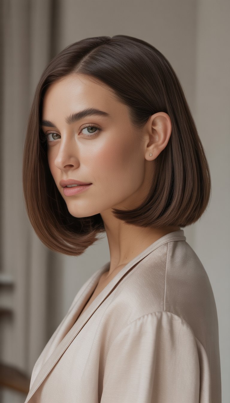 Portrait of a woman with straight shoulder-length hair, looking confidently at the camera in a neutral studio setting.