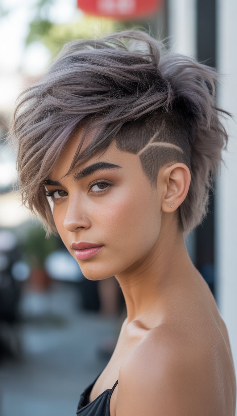 A young woman with a fluffy wolf cut hairstyle and undercut, looking confidently at the camera against a neutral background.
