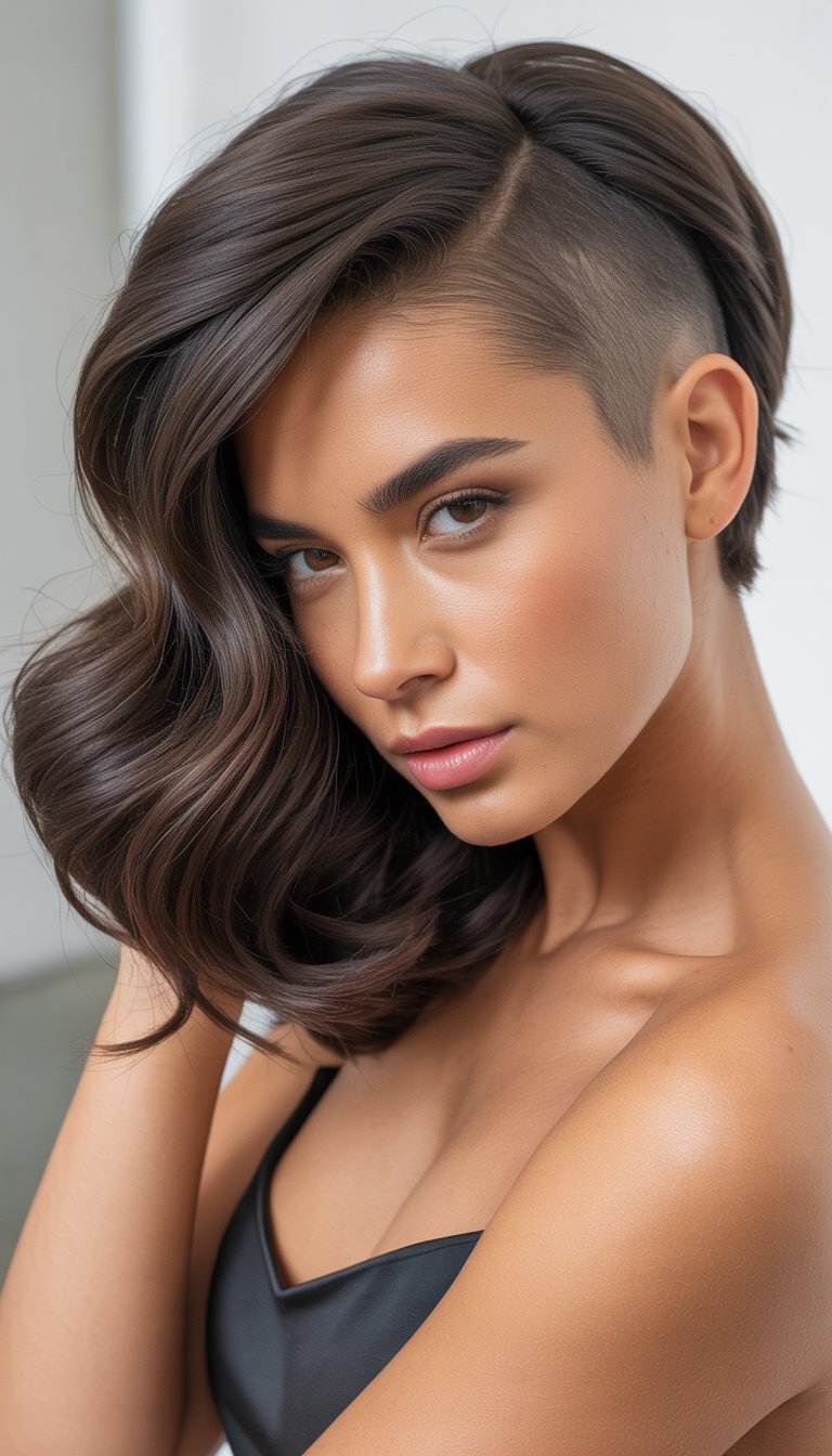 A woman with wavy hair and shaved sides posing against a neutral background.