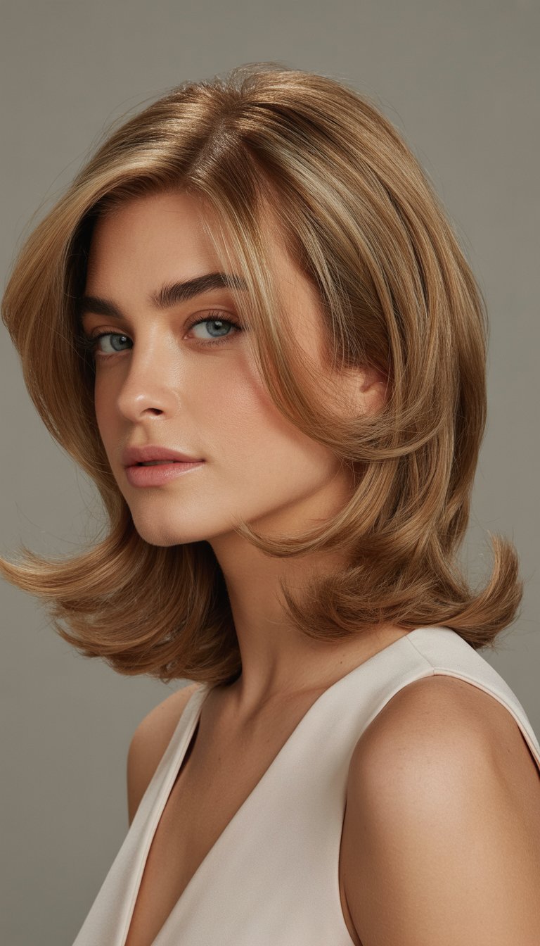 Portrait of a woman with medium-length layered hair, looking confidently at the camera in a studio setting.