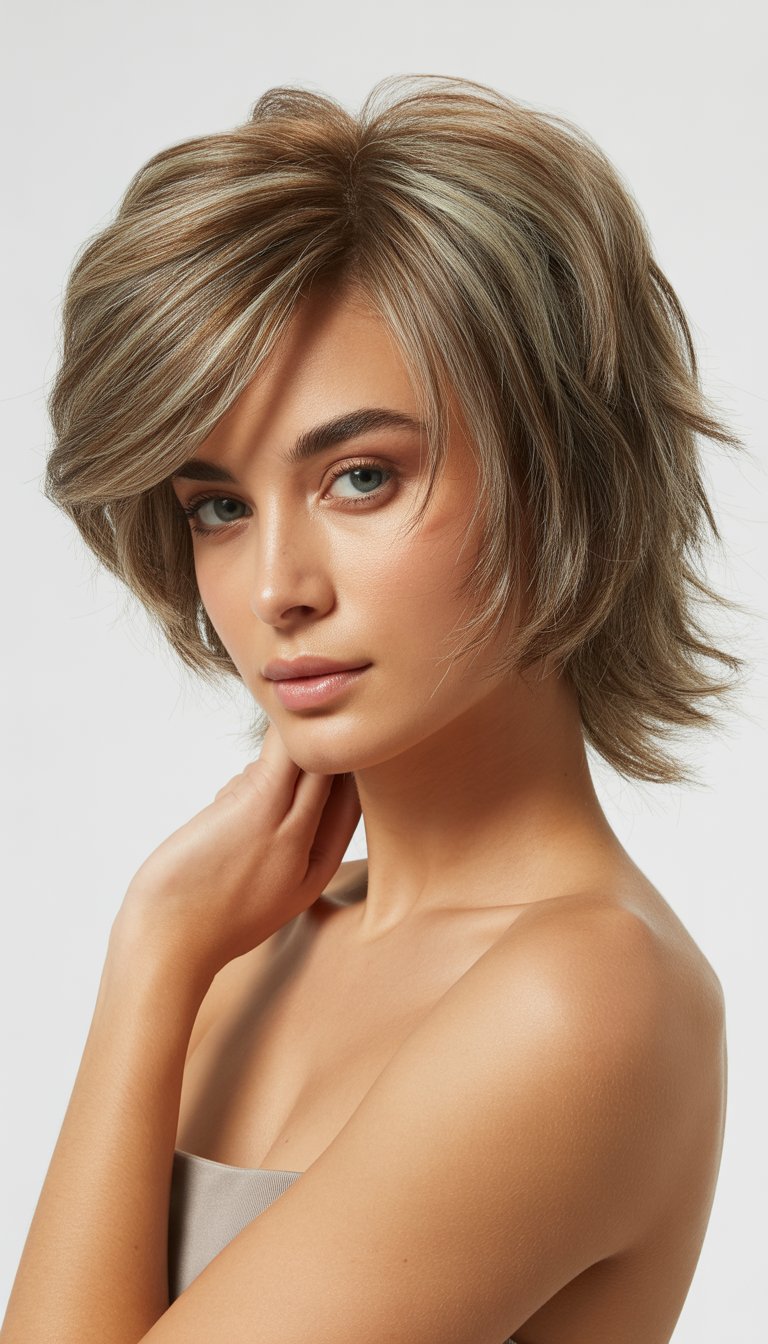 Young woman with voluminous layered hair and subtle highlights, looking confidently at the camera against a plain background.
