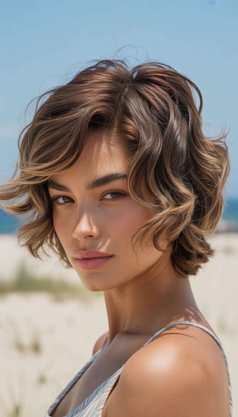 Young woman with wavy layered hair standing on a sunny beach with sand and blue sky in the background.