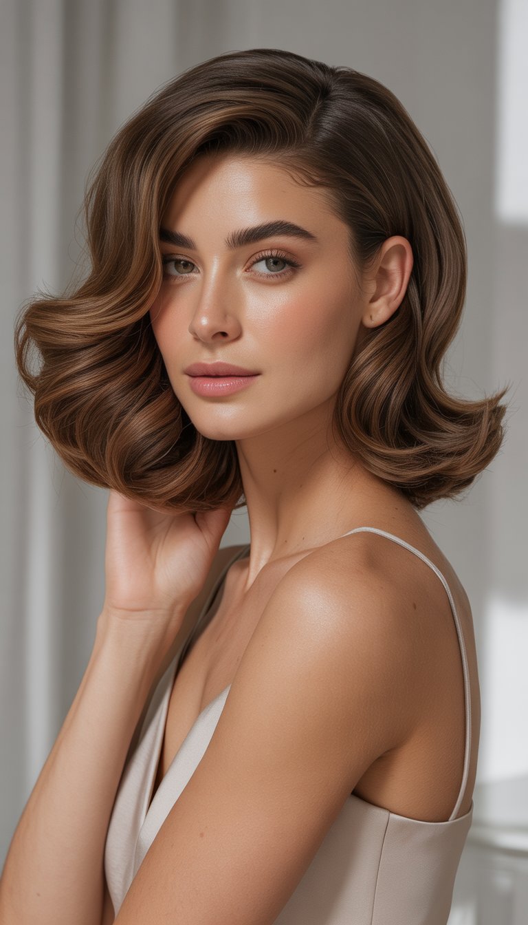 A woman with shoulder-length wavy hair swept to one side, looking calmly at the camera against a plain background.