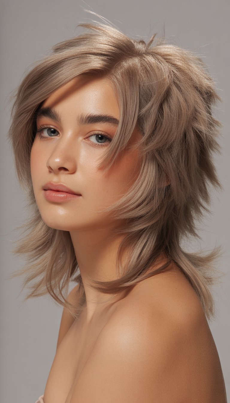 A young woman with medium-length layered hair styled in a fluffy wolf cut, posing in a studio with a neutral background.