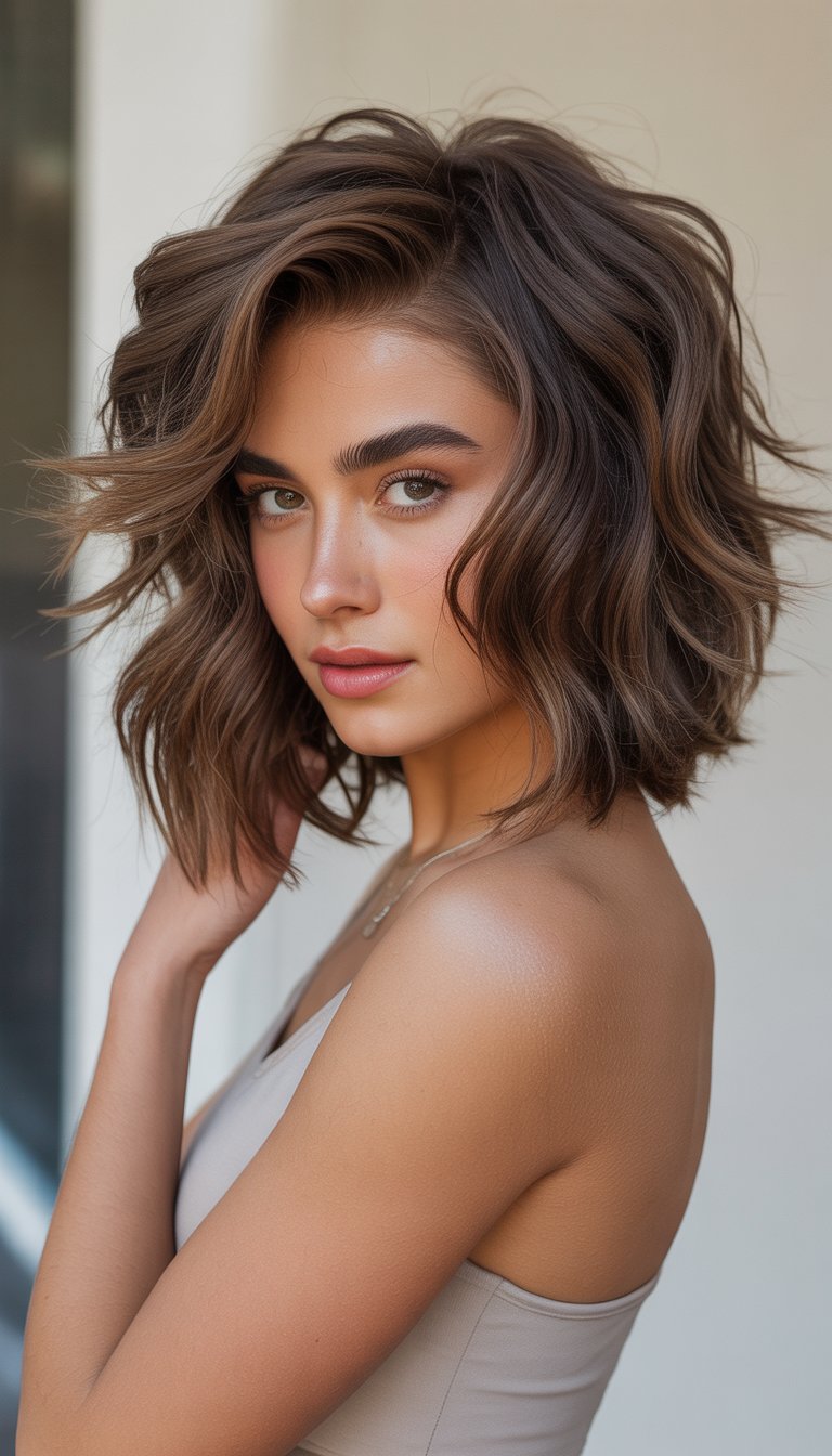 Young woman with medium-length wavy hair styled in an asymmetrical layered cut, posing against a neutral background.