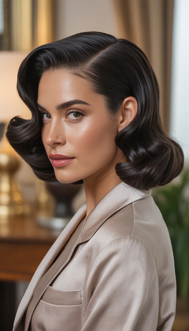 A woman with dark wavy hair styled in a long bob, wearing elegant clothing and posing indoors with a calm expression.
