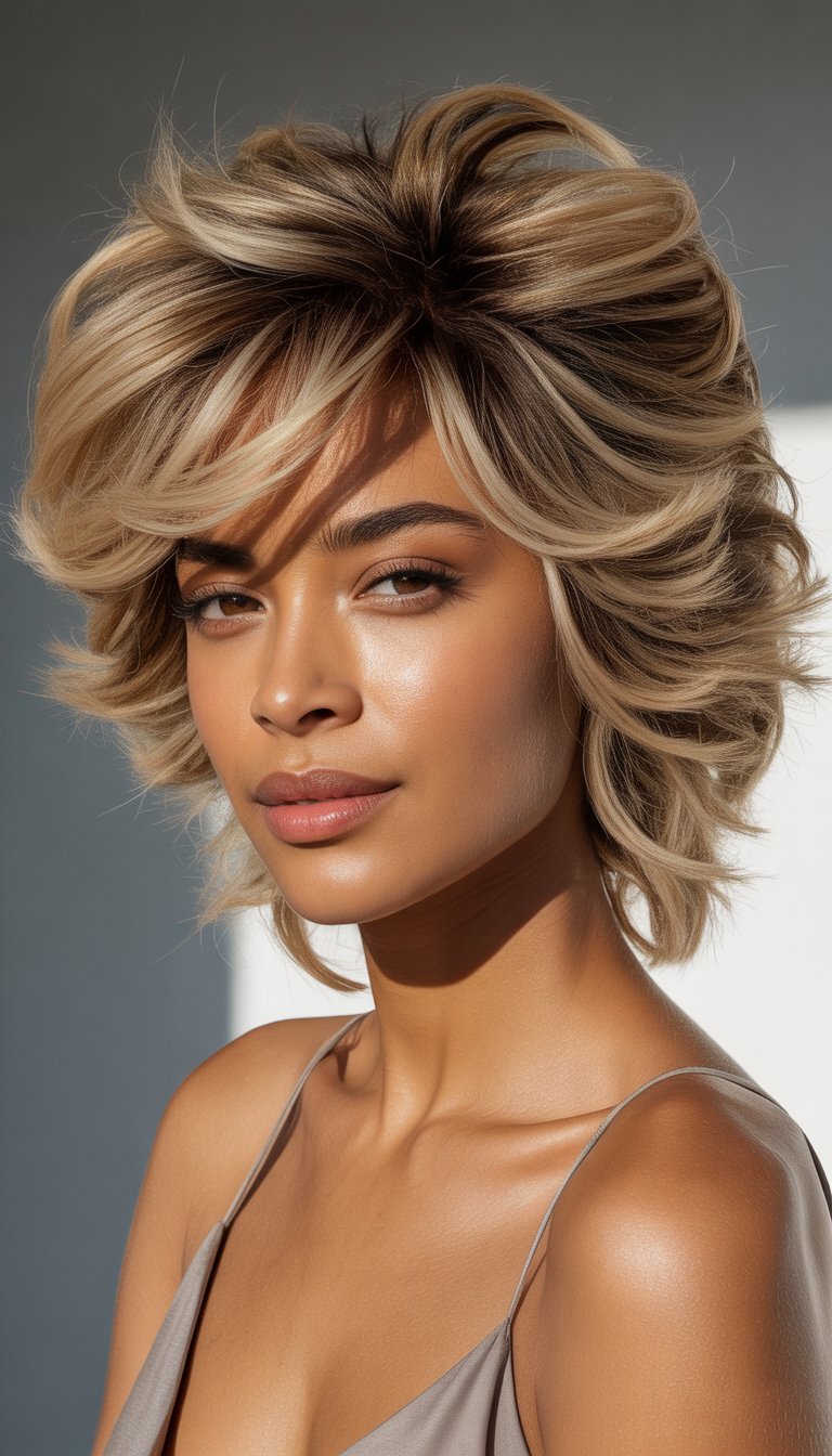 Portrait of a woman with a voluminous fluffy layered haircut, looking confidently at the camera.