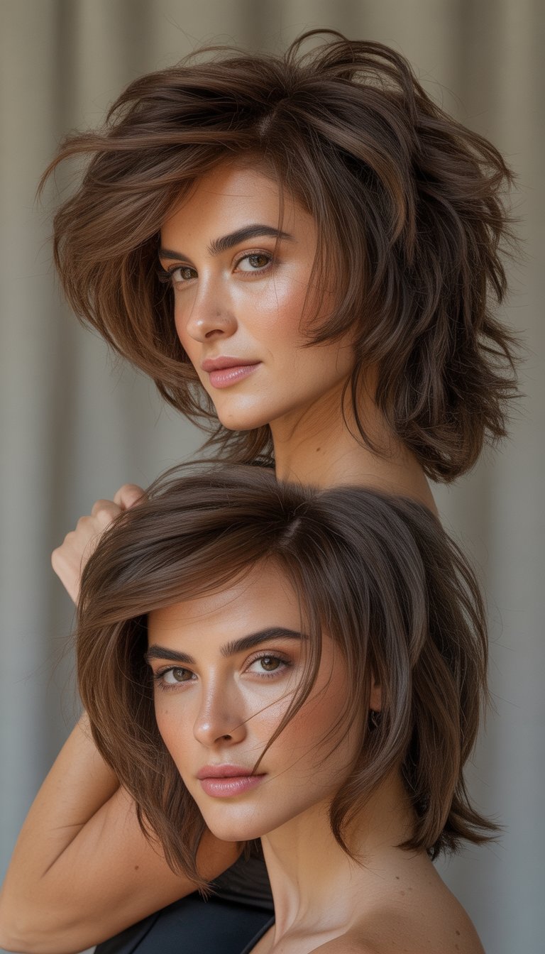 A woman with thick, fluffy layered hair styled in a wolf cut, posing against a plain background.