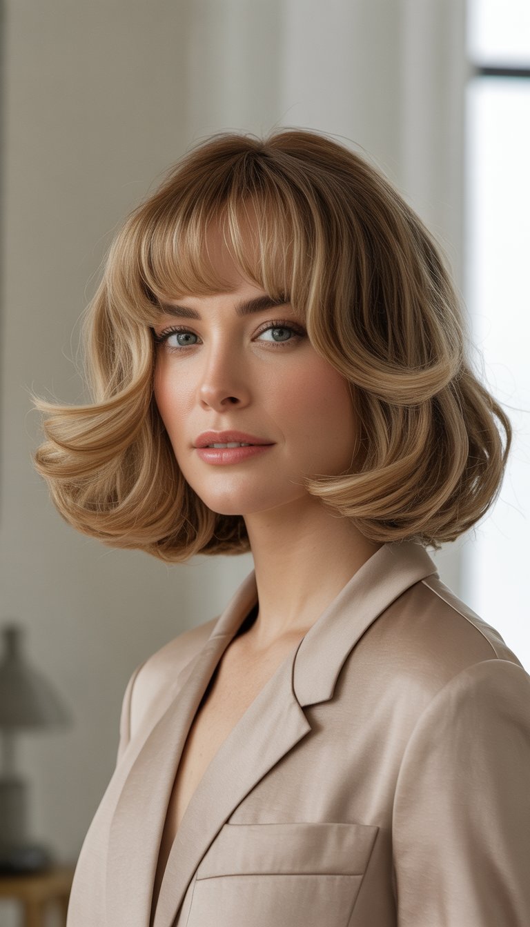 A woman with shoulder-length tousled hair and curtain bangs, wearing classic clothing, standing against a simple background.