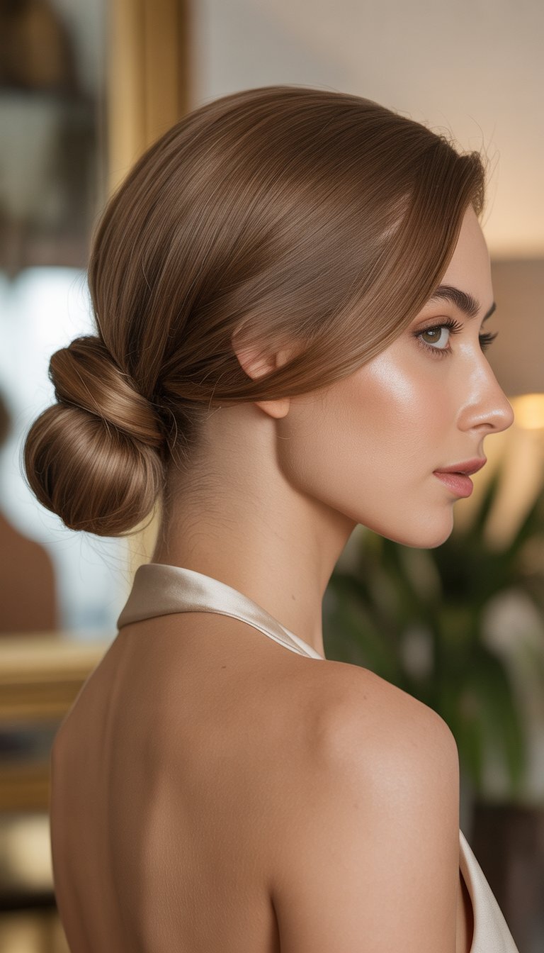 Portrait of a woman with a neat low bun hairstyle and shoulder-length hair, wearing elegant clothing against a softly blurred background.