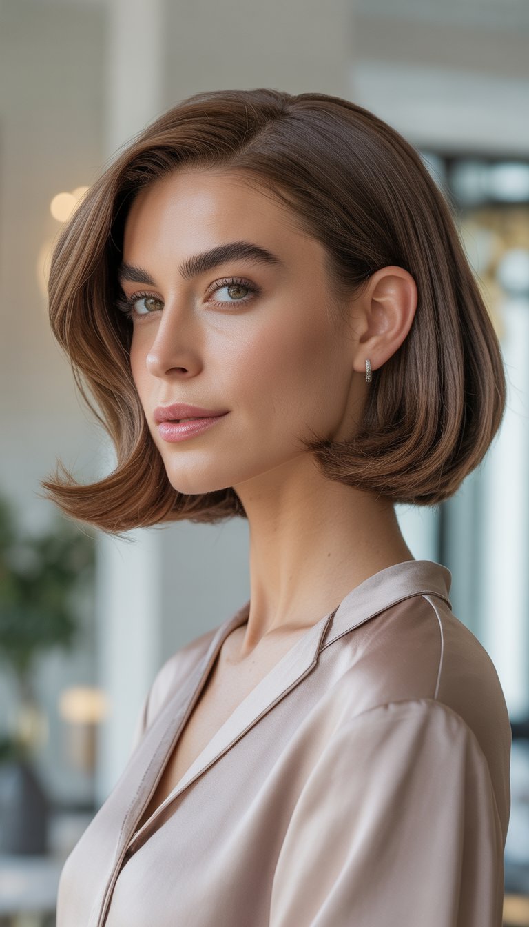 A woman with shoulder-length bobbed hair in a bright indoor setting, wearing a classic outfit and looking confidently at the camera.