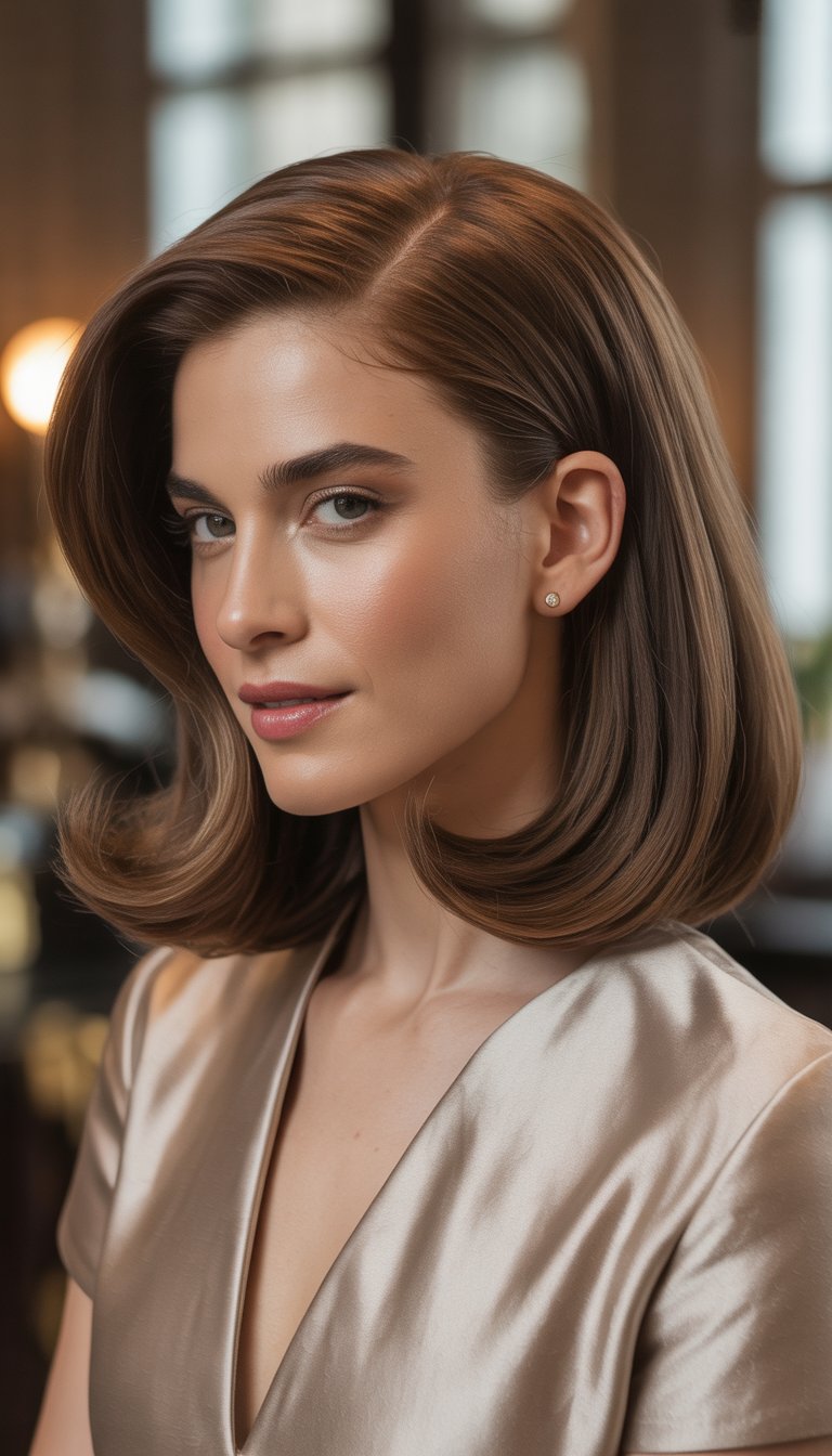 Portrait of a woman with a deep side-part lob hairstyle, wearing classic clothing, against a softly blurred background.