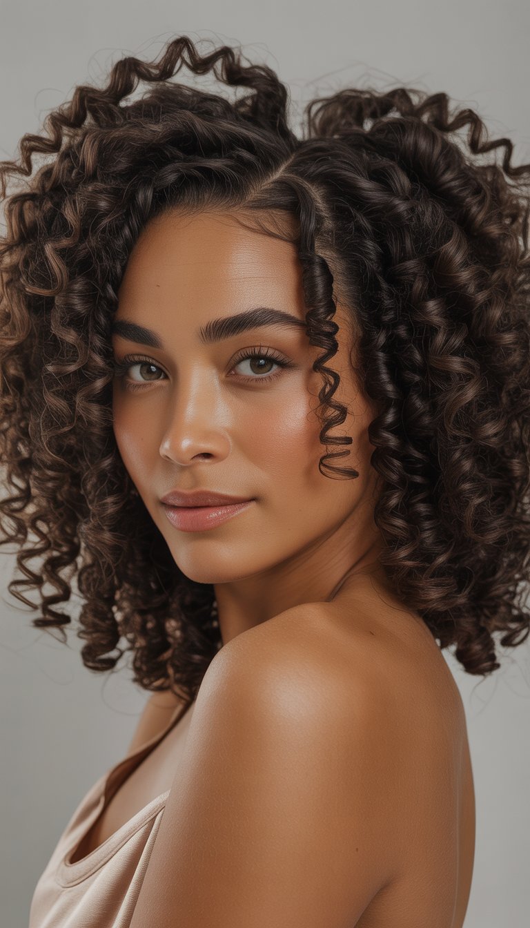 Close-up portrait of a woman with voluminous curly hair styled in defined twists, against a neutral background.
