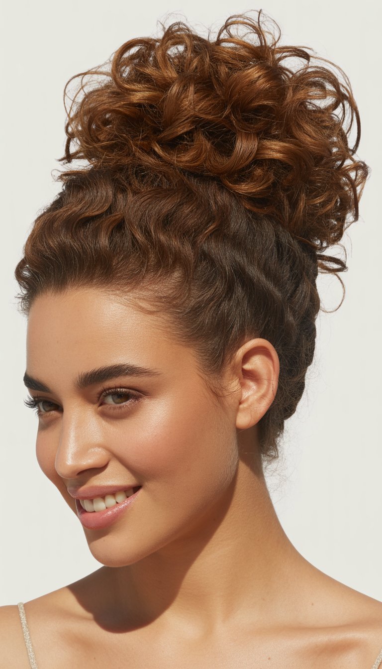 Close-up portrait of a woman with curly hair styled in a high updo, smiling softly against a neutral background.