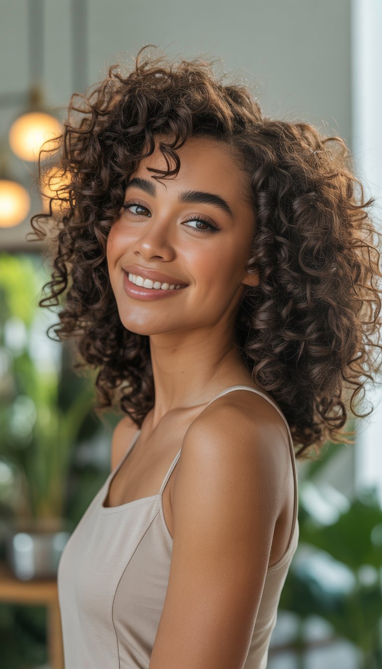 A young woman with natural curly hair smiling in a bright indoor setting with plants in the background.