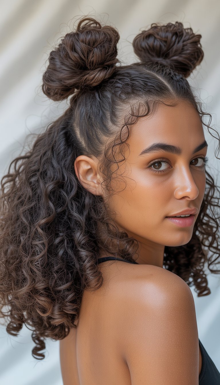 A young woman with curly hair styled in two small buns on top of her head and loose curls around her shoulders, smiling gently against a neutral background.