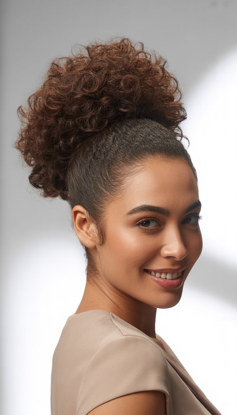 A woman with curly hair styled in a high puff ponytail, smiling and looking at the camera against a plain background.